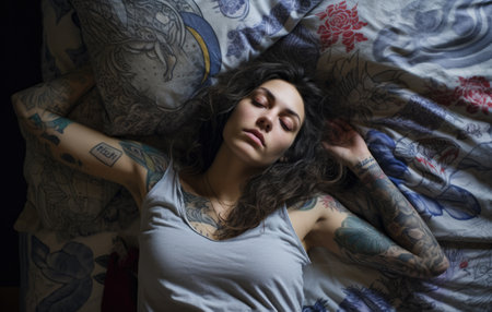Tattooed young woman sleeping on her bed. Generative AI.の素材