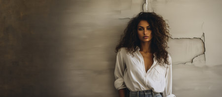 Multicultural female model leaning against a wall in an empty room. Generative AI.の素材