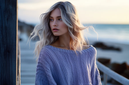 Multicultural young woman wearing a lavender sweater on the boardwalk of a coastal area. Generative AI.の素材