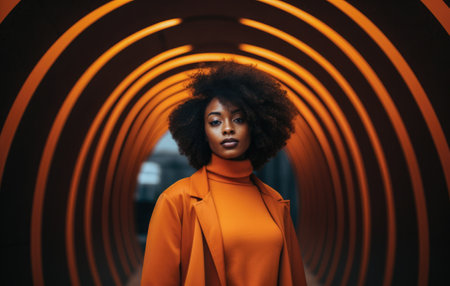 Young African American woman standing in the middle of an orange tunnel. Generative AI.の素材