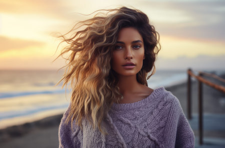Multicultural young woman wearing a lavender sweater on the boardwalk of a coastal area. Generative AI.の素材