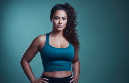 Body confident diverse woman in a studio photo with sports outfit. Body positive - expressing self-love concept Generative AI.の素材