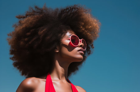 Young afro haired woman in front of a wall. Generative AI.の素材