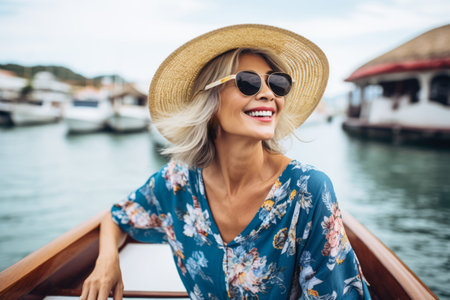 Mature woman wearing sunglasses enjoying her holidays. Generative AI.の素材