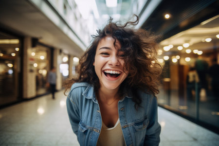 Joyful young woman in casual attire. Generative AI.の素材