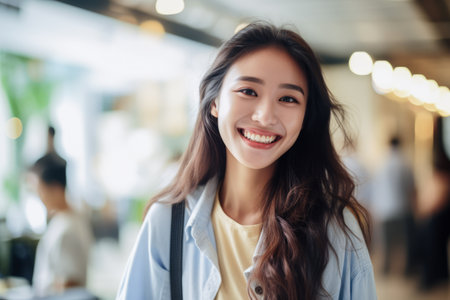 Joyful young woman in casual attire. Generative AI.の素材