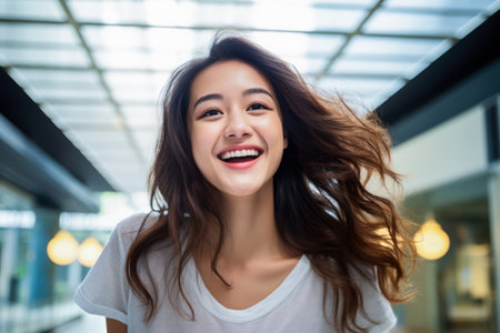 Joyful young woman in casual attire. Generative AI.の素材
