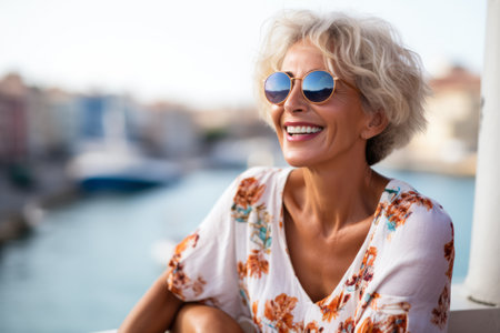 Mature woman wearing sunglasses enjoying her holidays. Generative AI.の素材