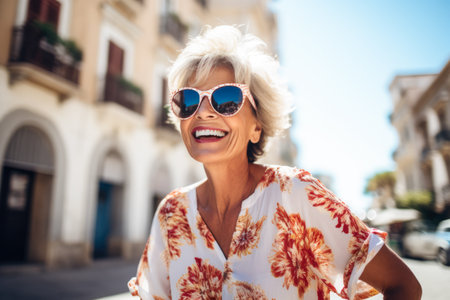 Mature woman wearing sunglasses enjoying her holidays. Generative AI.の素材
