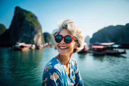 Mature woman wearing sunglasses enjoying her holidays. Generative AI.の素材