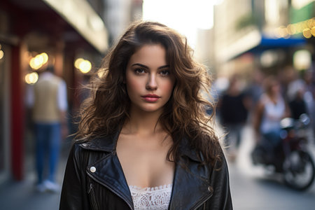 Portrait of a young woman in a city scene. Generative AI.の素材