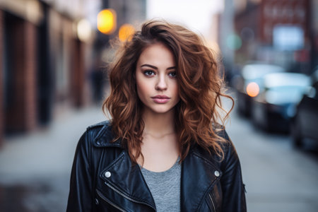 Portrait of a young woman in a city scene. Generative AI.の素材