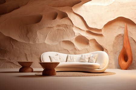 Luxurious sofa in an abstract stone room. Generative AI.の素材