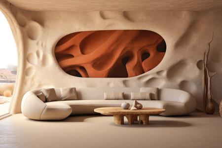 Luxurious sofa in an abstract stone room. Generative AI.の素材