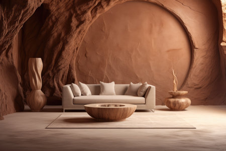 Luxurious sofa in an abstract stone room. Generative AI.の素材