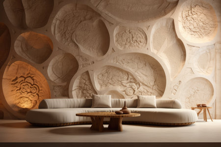 Luxurious sofa in an abstract stone room. Generative AI.の素材