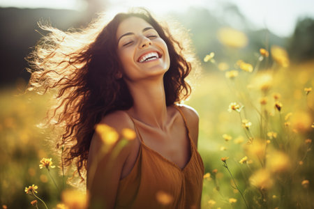 Beautiful young woman enjoying a sunny day . Generative AI.の素材