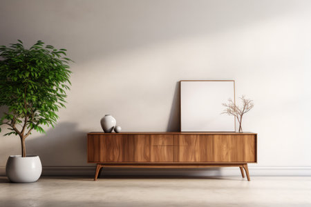 Beige wooden sideboard in front of a wall in a minimalistic interior design composition. Generative AI.の素材