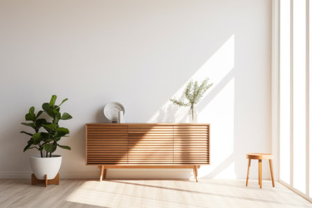 Beige wooden sideboard in front of a wall in a minimalistic interior design composition. Generative AI.の素材
