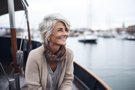 Senior woman on the deck of a boat smiling at the camera while on holidaysの素材