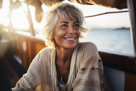 Senior woman on the deck of a boat smiling at the camera while on holidaysの素材