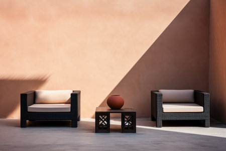Outdoors sofa in front of a terracotta colored wall. Outdoors furniture composition.の素材