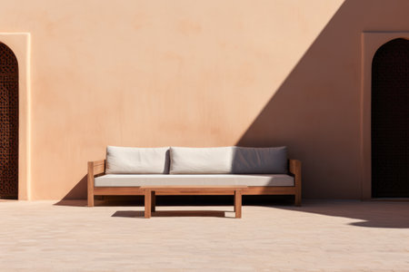Outdoors sofa in front of a terracotta colored wall. Outdoors furniture composition.の素材