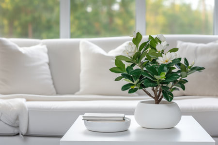 Close up of a sofa, coffee table and plants in a minimalistic living room stagingの素材