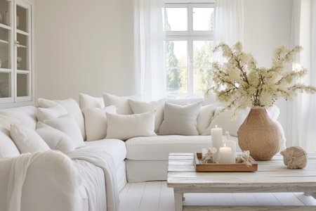 Stylish living room with a white sofa, pillows and a tableの素材