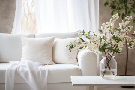Close up of a sofa, coffee table and plants in a minimalistic living room stagingの素材
