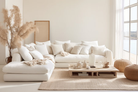 Stylish living room with a white sofa, pillows and a tableの素材