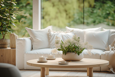 Close up of a sofa, coffee table and plants in a minimalistic living room stagingの素材