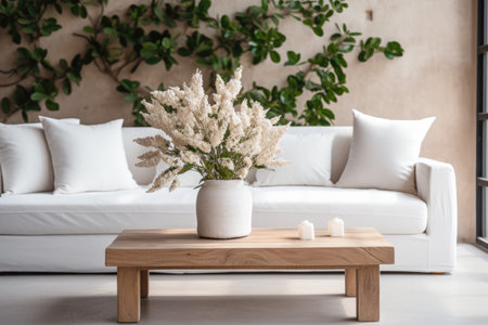 Close up of a sofa, coffee table and plants in a minimalistic living room stagingの素材