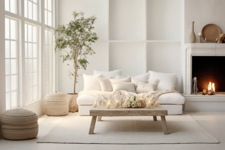 Stylish living room with a white sofa, pillows and a tableの素材