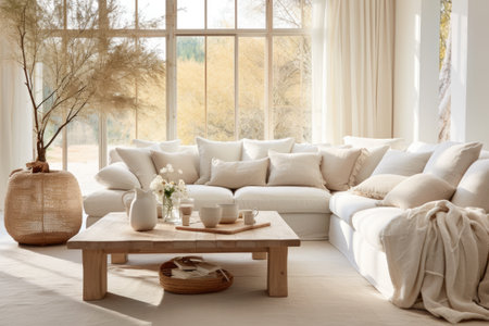 Stylish living room with a white sofa, pillows and a tableの素材