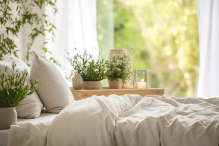 Close up of a bed, coffee table and plants in a minimalistic living bedroom stagingの素材