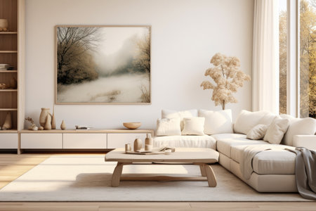 Stylish living room with a white sofa, pillows and a coffee tableの素材