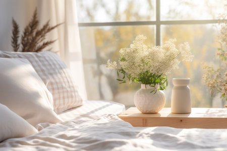 Close up of a bed, coffee table and plants in a minimalistic living bedroom stagingの素材