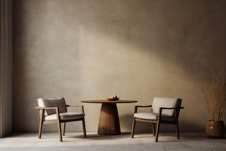 Beige minimalist interior design with chairs and a tableの素材
