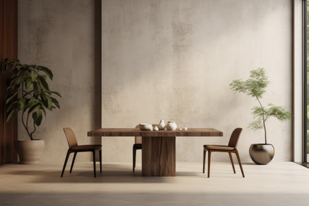 Beige minimalist interior design with chairs and a tableの素材