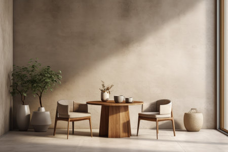 Beige minimalist interior design with chairs and a tableの素材