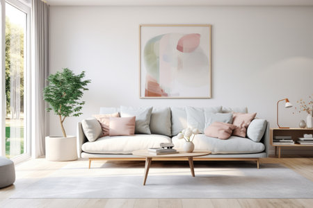 Modern sofa in a living room. Interior design minimalistic composition.の素材