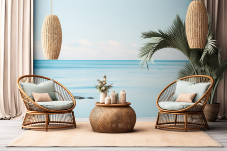 Wicker coffee table and chairs in a Caribbean composition.の素材