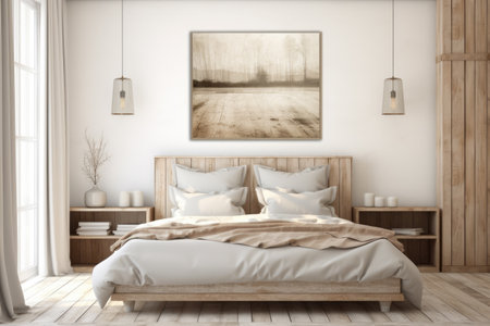 Bright bedroom with a wooden slatted bed.の素材