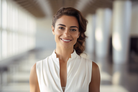 Young businesswoman smiling at the camera in her futuristic workplace.の素材