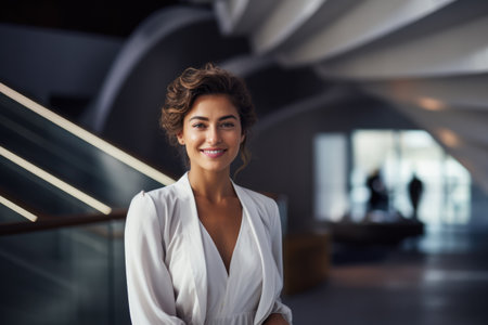 Young businesswoman smiling at the camera in her futuristic workplace.の素材