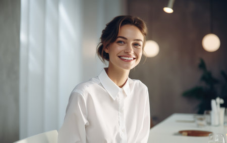 Young woman in a white blouse smiling in a home scene.の素材