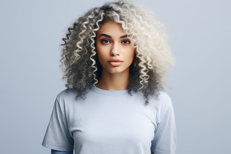 Multicultural young woman with curly white hair in a studio shotの素材