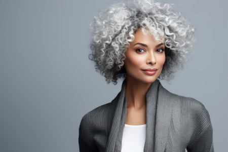 Portrait of a multicultural young woman with curly white hair in a studio shotの素材