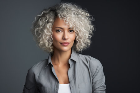 Portrait of a multicultural young woman with curly white hair in a studio shotの素材
